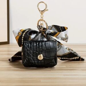 Black Croc-Embossed Bah Charm Keychain with Scarf Accent